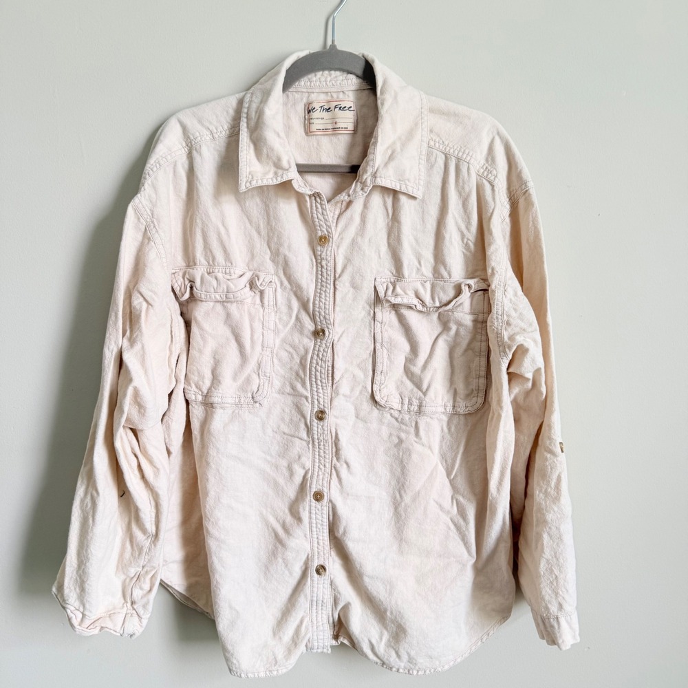 Free People We The Free Made For Sun Linen Shirt Cream Button Down Size Large - Picture 5 of 8